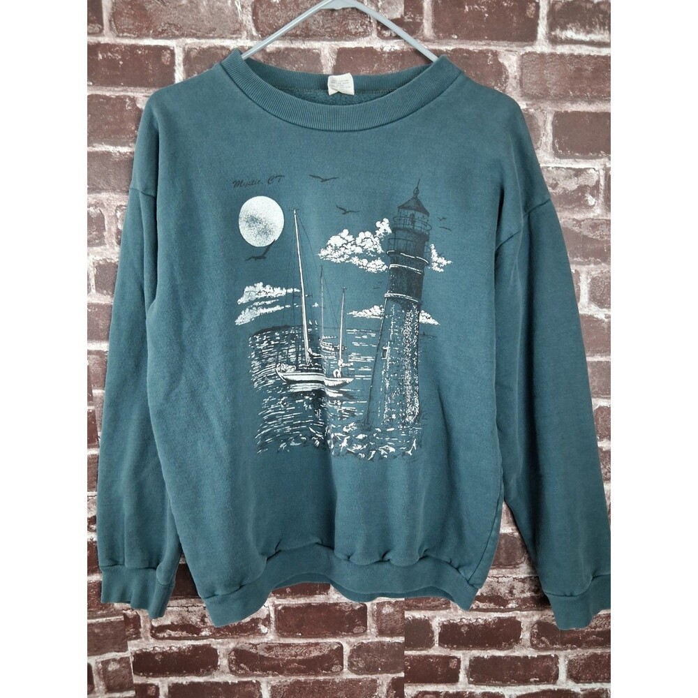 Mystic Conneticut CT Lighthouse Sailing Crewneck Sweatshirt LARGE Vintage Green